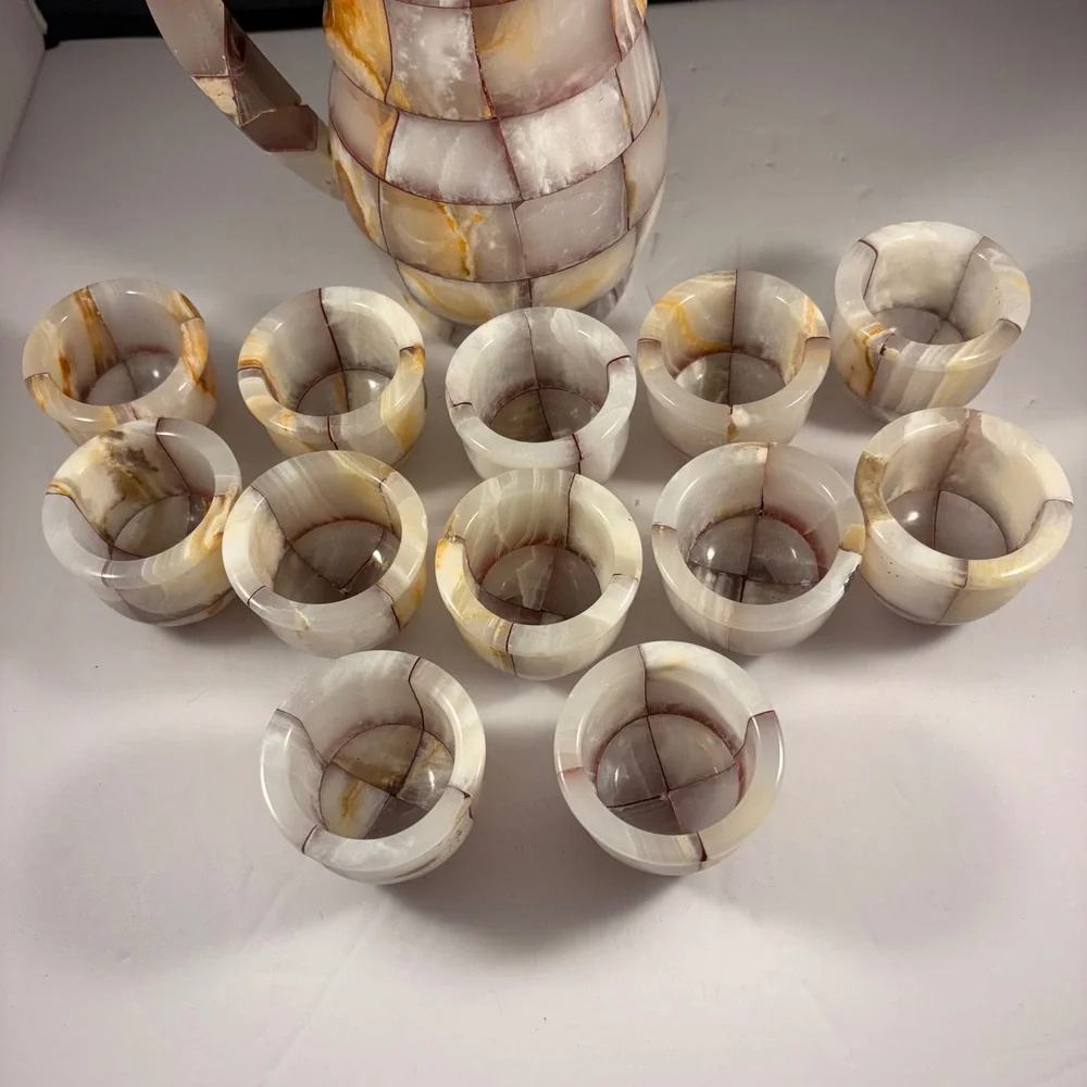 Vintage Onyx Stone Tea Set Coffee Pot & 12 Cups Mid‎ Century Marble Mosaic